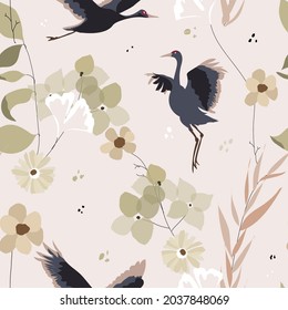 Floral Autumn garden seamless pattern with hand drawn florals, botanicals, and crane birds. Fall season delicate background for wallpaper, fabric, packaging, stickers, scrapbooking paper, etc