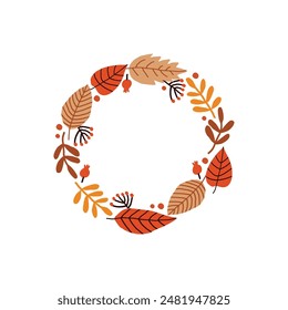 Floral autumn hand drawn card. Decorative round frame with vector fall season leaves and berries. Autumn cartoon illustration with text space. Postcard, wedding invitation design, t shirt, mug, print.