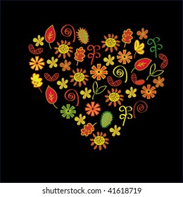 Floral autumn heart on black background