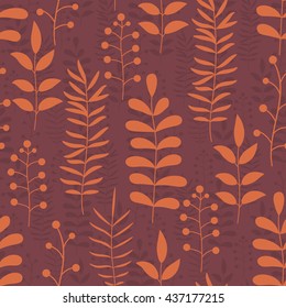 Floral autumn orange and marsala red seamless pattern with branches and leaves. Autumn foliage background. Natural ornament. Cute flowers wrapping paper. Vector illustration.