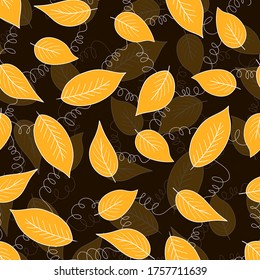 Floral autumn seamless pattern with orange exotic leaves on dark background. Tropic branches. Fashion colorful vector stock illustration for wallpaper, posters, card, fabric, textile.
