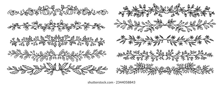 Divisiones de bodas florales de otoño, viñetas florecientes, separadores, bordes y delimitadores. Diferentes florales de línea vectorial con ornamentos dibujados a mano de viñas de flores, ramas de hojas, huertos de plantas de jardín