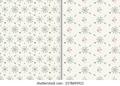 Floral baby seamless pattern, set of 2. Hand drawn doodle flower, leaf, dot, lines. Diagonal geometrical grid. Tender pastel color palette. Transparent background. Vector illustration