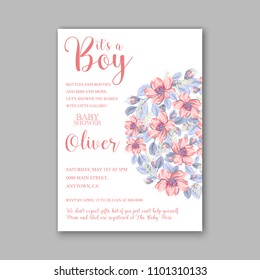 Floral baby shower invitation vector template pink rose dog sakura