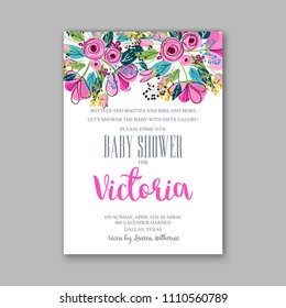 Floral baby shower invitation vector card template with bridal shower bouquet of peony flowers anemone hibiscus eucalyptus hydrangea privet berry poppy in watercolor style