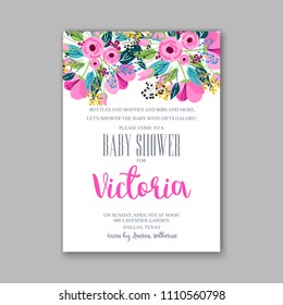 Floral baby shower invitation vector card template with bridal shower bouquet of peony flowers anemone hibiscus eucalyptus hydrangea privet berry poppy in watercolor style