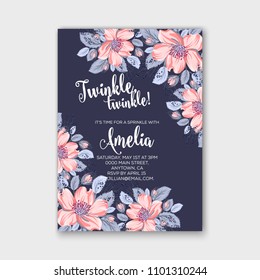 Floral baby shower wedding invitation vector template pink dog-rose on blue background