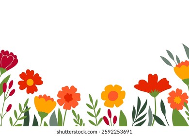  Floral backdrop with border of blooming flowers and leaves. Design of horizontal banner, place for a text 