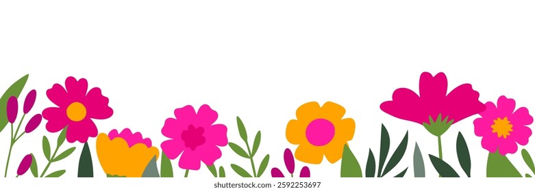  Floral backdrop with border of blooming flowers and leaves. Design of horizontal banner, place for a text 