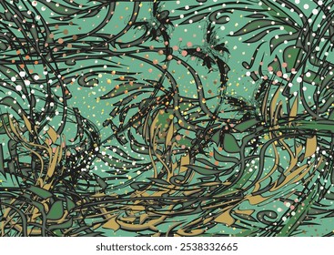 Floral backdrop with butterfly and dots elements for fabrics or covers. Green-golden exotic motifs for fashion trends, business concepts, prints, interior solutions, tiles, invitation cards, etc.