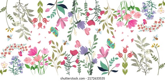 Floral backdrop decorated with beautiful multicolored blooms, leaf border, bees and butterfly. Spring plant flat vector illustration on white background