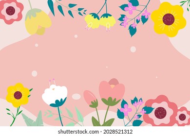 floral backdrop decorated with gorgeous multicolored blooming flowers and leaves border. Spring botanical flat vector illustration