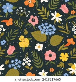 Floral backdrop decorated with gorgeous multicolored blooming flowers and leaves seamless pattern. Spring botanical flat vector illustration on black stars night background