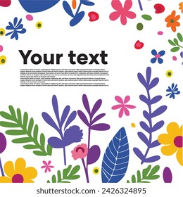 Floral backdrop decorated with gorgeous multicolored blooming flowers and leaves.Spring botanical flat vector illustration on white background