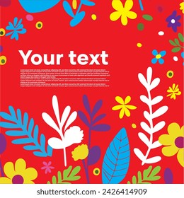 Fondo floral decorado con hermosas flores y hojas en flor multicolores. Ilustración de vector botánico plano de primavera sobre fondo rojo