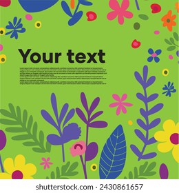 Floral backdrop decorated with gorgeous multicolored blooming flowers and leaves.Spring botanical flat vector illustration on orange background