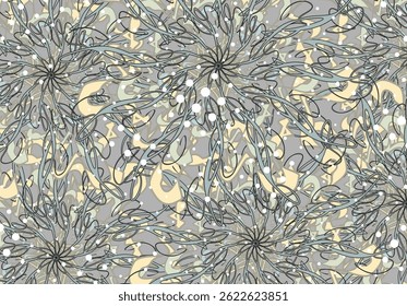 Floral backdrop with dots for textiles or fabrics. Linear tropical motifs for fashion trends, covers, batiks, tiles, prints,  wallpapers or cards, backgrounds or textures, interior solutions, etc. 