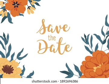 Floral backdrop with elegant blossomed fall flowers with lush petals. Blooming peonies isolated on white background. Wedding invitation cover with Save the Date inscription