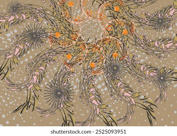 Floral backdrop in pastel tonality for textiles or interior solutions. Twirled exotic motifs for fashion trends, business concepts, covers, scrapbooking, wallpapers, tiles, fabrics, etc. Vector