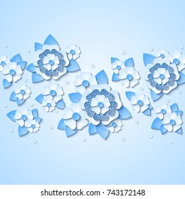 Floral background with 3d light blue flowers cut out  paper. Vector illustration