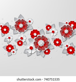 Floral background with 3d red and white flowers cut out  paper isolated on white. Vector illustration