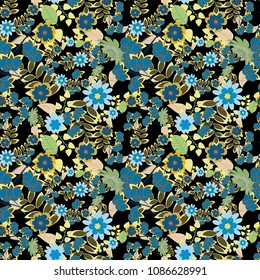 Floral background for abstract design. Abstract fall seamless pattern in bright autumn colors (green, yellow and blue). Vector graphic painting of falling flowers, doodles, grunge textures. Vector art