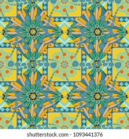 Floral background for abstract design. Abstract fall seamless pattern in bright autumn colors (yellow, green and blue). Vector graphic painting of falling flowers, doodles, grunge textures. Vector art