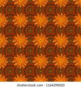 Floral background for abstract design. Vector. Vector graphic painting of falling flowers, doodles, grunge textures. Abstract fall seamless pattern in bright autumn colors (black, orange and red).