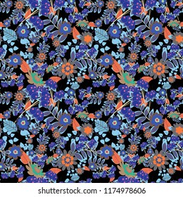 Floral background for abstract design. Vector graphic painting of falling flowers, doodles, grunge textures. Vector. Abstract fall seamless pattern in bright autumn colors (neutral, blue and black).