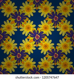 Floral background for abstract design. Vector graphic painting of falling flowers, doodles, grunge textures. Abstract fall seamless pattern in bright autumn colors (blue, violet and yellow). Vector.