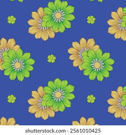 Floral background for abstract design. Vector graphic painting of falling flowers, doodles, grunge textures. Abstract fall seamless pattern in bright autumn colors (blue, violet and yellow). Vector.