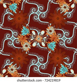 Floral background for abstract design. Vector graphic painting of falling flowers, doodles, grunge textures. Vector sketch. Abstract fall seamless pattern in bright autumn colors (red, brown and blue)