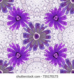Floral background for abstract design. Vector. Abstract fall seamless pattern in bright autumn colors (white, purple and violet). Vector graphic painting of falling flowers, doodles, grunge textures.