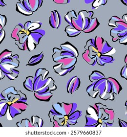 floral background abstract flowers modern trendy style. Seamless pattern summer botanical  background on gray. Sketchy flat design of black outlines and bright white pink blue lilac strokes.