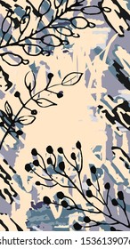 Floral background with abstract graphics and twigs in hand drawn style. Vector illustration for social media and stories. Trendy colors new seasons. 