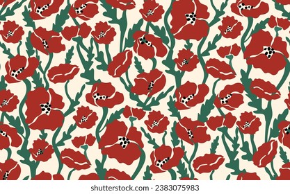 Fondo floral - formas abstractas de flores rojas de amapola. Patrón velero en estilo retro estético minimalista.