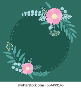 Floral background with anemone, eucalyptus and berries. Trendy invitation card template