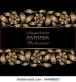 Floral background with antique, luxury black and gold vintage frame, victorian banner, damask floral wallpaper ornaments, invitation card, baroque style booklet, fashion pattern, template for design.