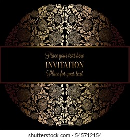Floral background with antique, luxury black and gold vintage frame, victorian banner, damask floral wallpaper ornaments, invitation card, baroque style booklet, fashion pattern, template for design.