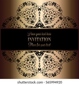 Floral background with antique, luxury black and gold vintage frame, victorian banner, damask floral wallpaper ornaments, invitation card, baroque style booklet, fashion pattern, template for design.