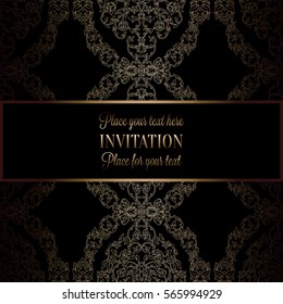 Floral background with antique, luxury black and gold vintage frame, victorian banner, damask floral wallpaper ornaments, invitation card, baroque style booklet, fashion pattern, template for design.