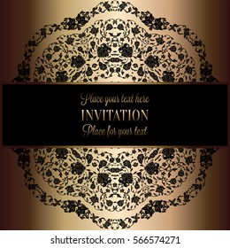 Floral background with antique, luxury black and gold vintage frame, victorian banner, damask floral wallpaper ornaments, invitation card, baroque style booklet, fashion pattern, template for design.
