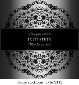 Floral background with antique, luxury black, metal silver and gray vintage frame, victorian banner,damask floral wallpaper ornaments, invitation card, baroque style booklet, fashion pattern, template