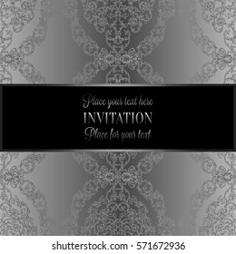 Floral background with antique, luxury black, metal silver and gray vintage frame, victorian banner,damask floral wallpaper ornaments, invitation card, baroque style booklet, fashion pattern, template