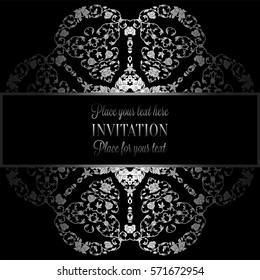 Floral background with antique, luxury black, metal silver and gray vintage frame, victorian banner,damask floral wallpaper ornaments, invitation card, baroque style booklet, fashion pattern, template