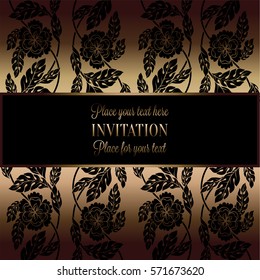 Floral background with antique, luxury black and gold vintage frame, victorian banner, damask floral wallpaper ornaments, invitation card, baroque style booklet, fashion pattern, template for design.