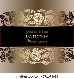 Floral background with antique, luxury black, beige and gold vintage frame, victorian banner, damask floral wallpaper ornaments, invitation card, baroque style booklet, fashion pattern, template.