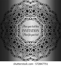 Floral background with antique, luxury black, metal silver and gray vintage frame, victorian banner,damask floral wallpaper ornaments, invitation card, baroque style booklet, fashion pattern, template