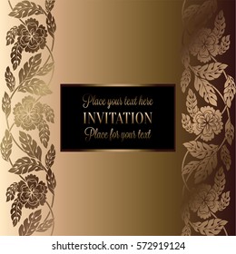 Floral background with antique, luxury black, beige and gold vintage frame, victorian brocade, damask floral wallpaper ornaments, invitation card, baroque style booklet, fashion pattern, template.
