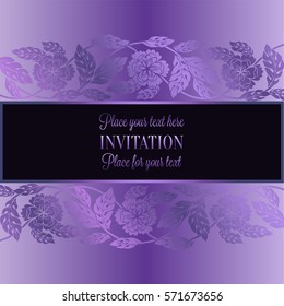 Floral background with antique, luxury lilac, violet flower vintage frame, victorian banner, damask floral wallpaper ornaments, invitation card, baroque style booklet, fashion pattern, template.
